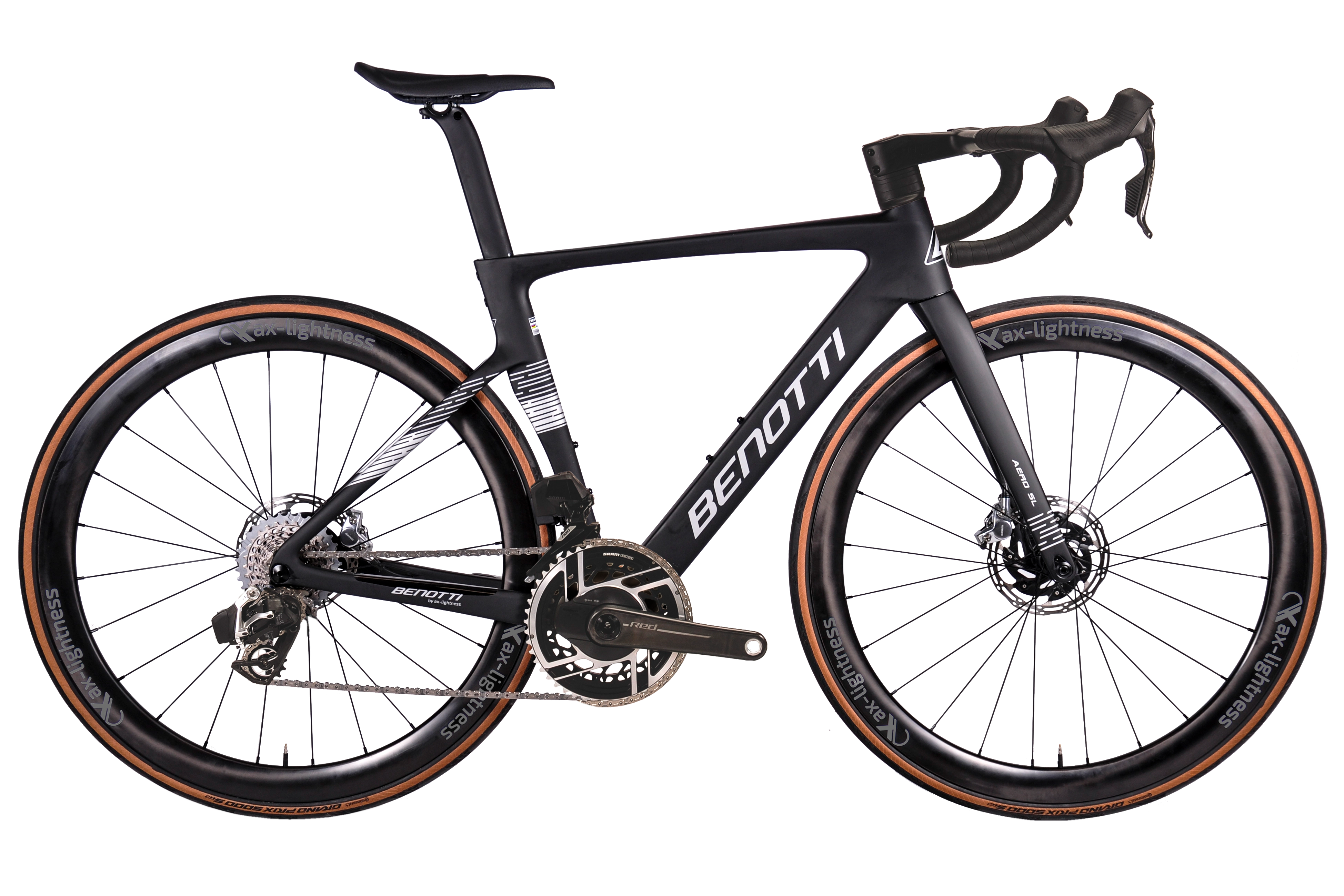 Komplettansicht des AERO-SL mit SRAM Red AXS in Black-Silver mit ax-lightness SELECTION 45CX-Laufrädern