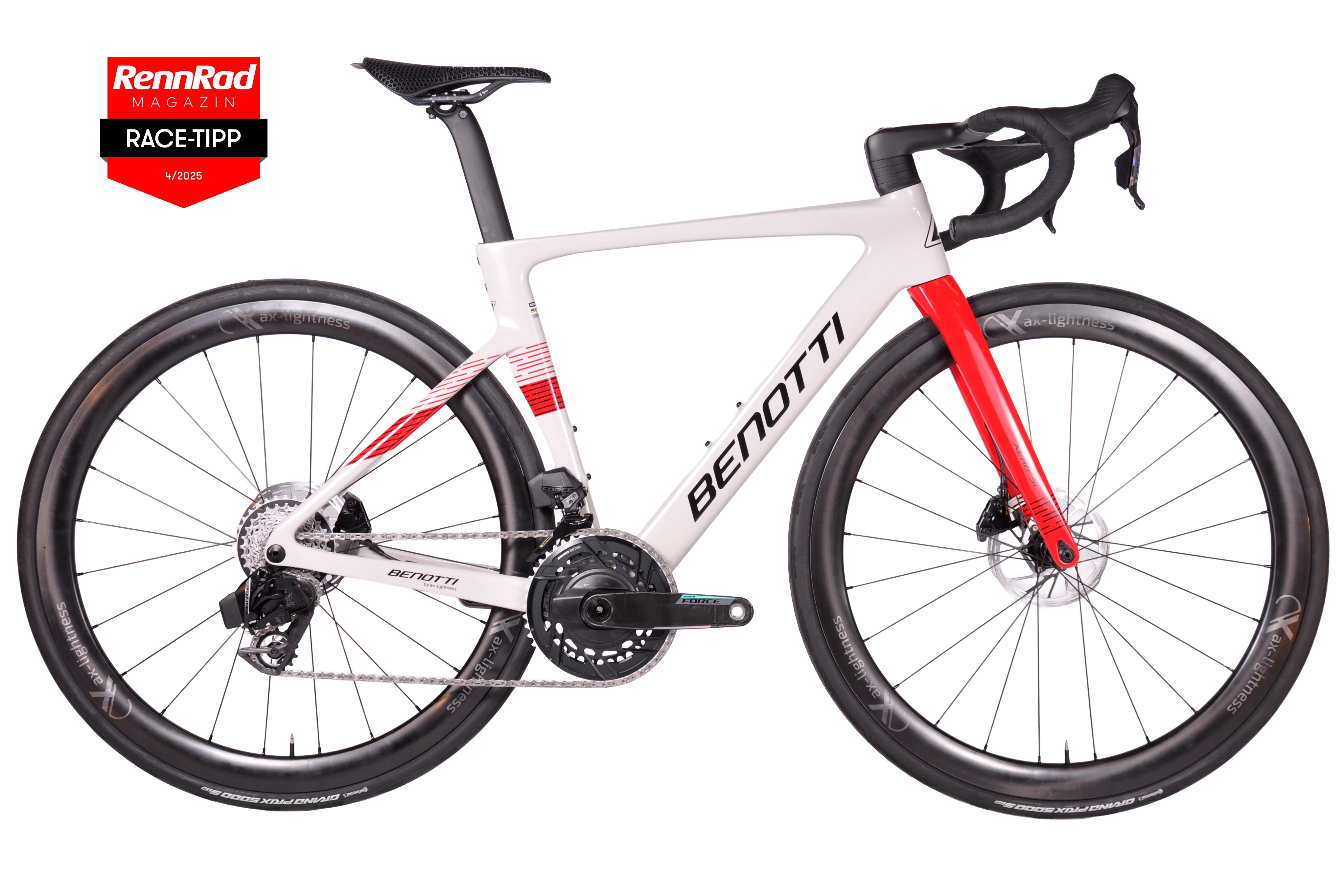 Komplettansicht des AERO SL SRAM Force AXS E1 Offwhite Red mit ax-lightness SELECTION 45C-Laufrädern