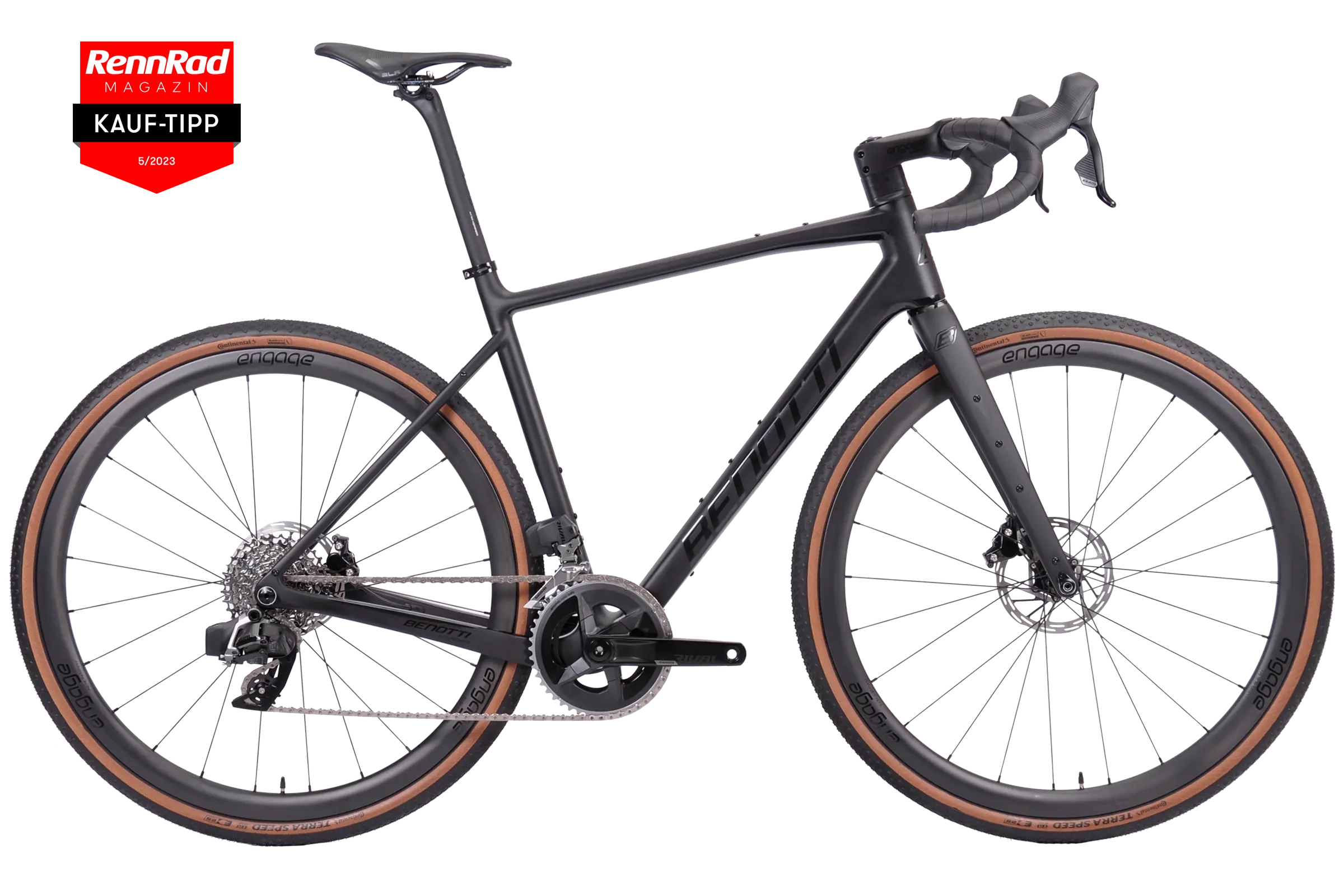 Komplettansicht des FUOCO Gravel in Black mit SRAM Rival eTap AXS und engage 35C-Laufrädern