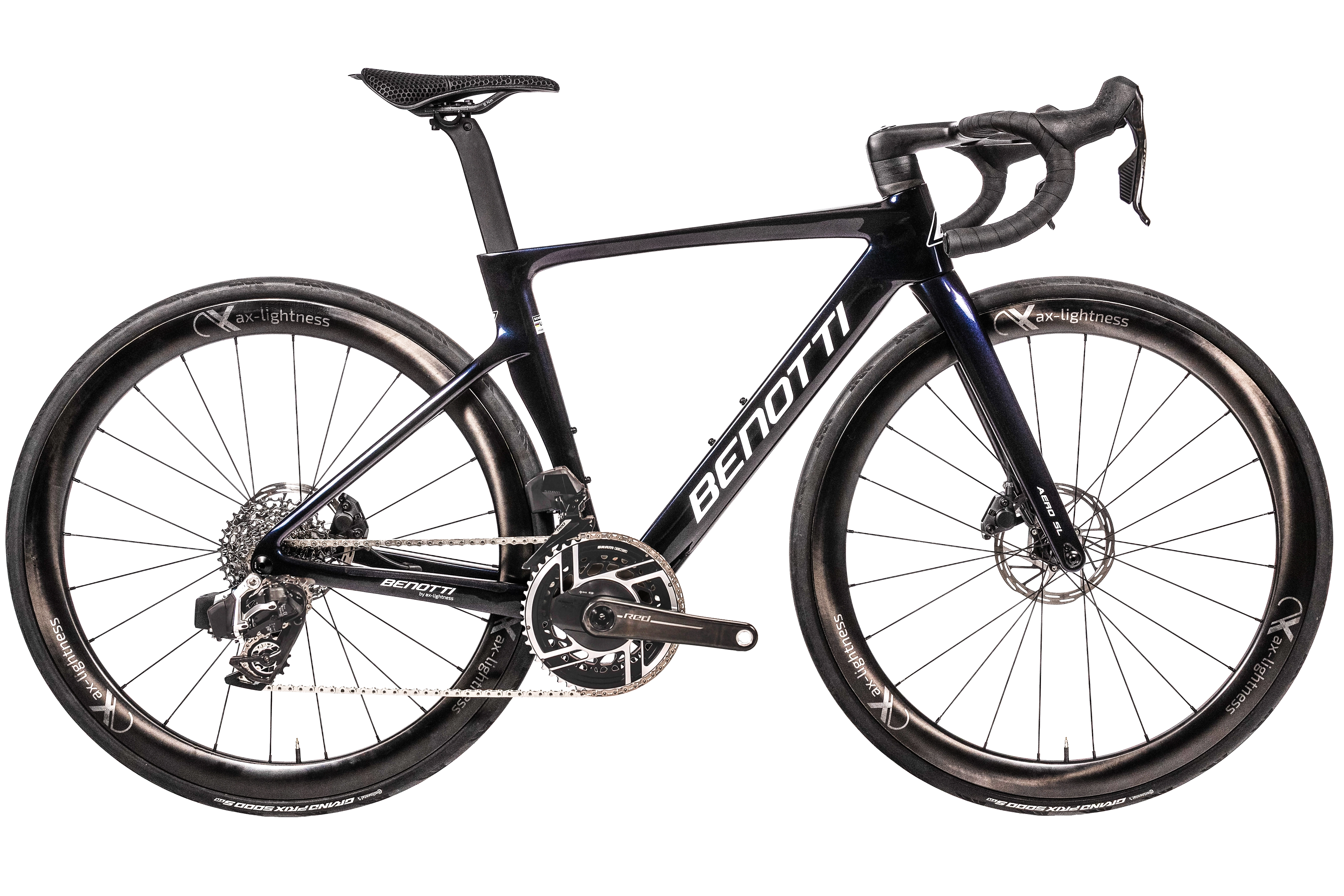 Komplettansicht des AERO-SL mit SRAM Red AXS in Chameleon Blue mit ax-lightness SELECTION 45CX-Laufrädern