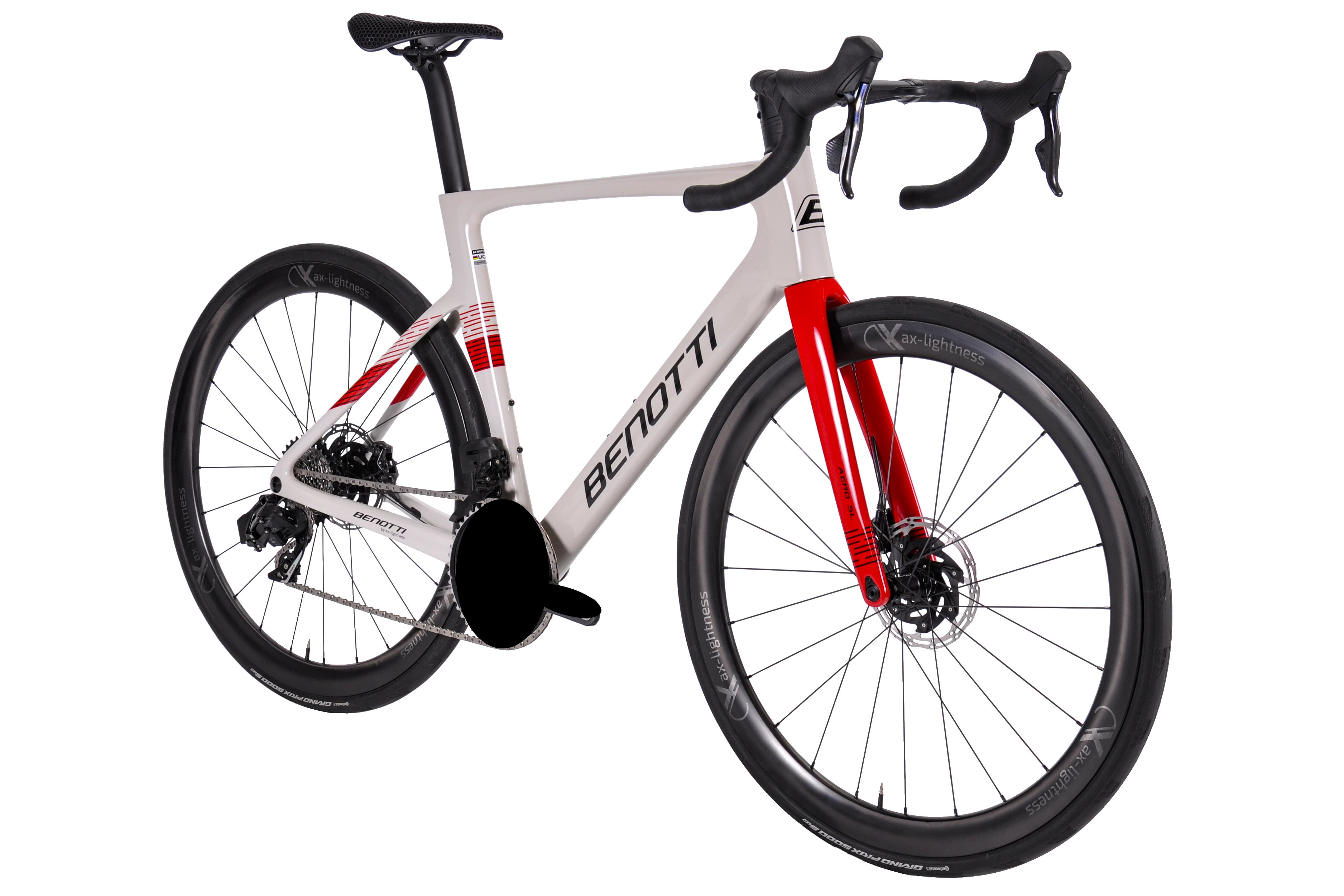 Komplettansicht schräg des AERO SL SRAM Force AXS Offwhite Red mit ax-lightness SELECTION 45C-Laufrädern mit geschwärzter Kurbel