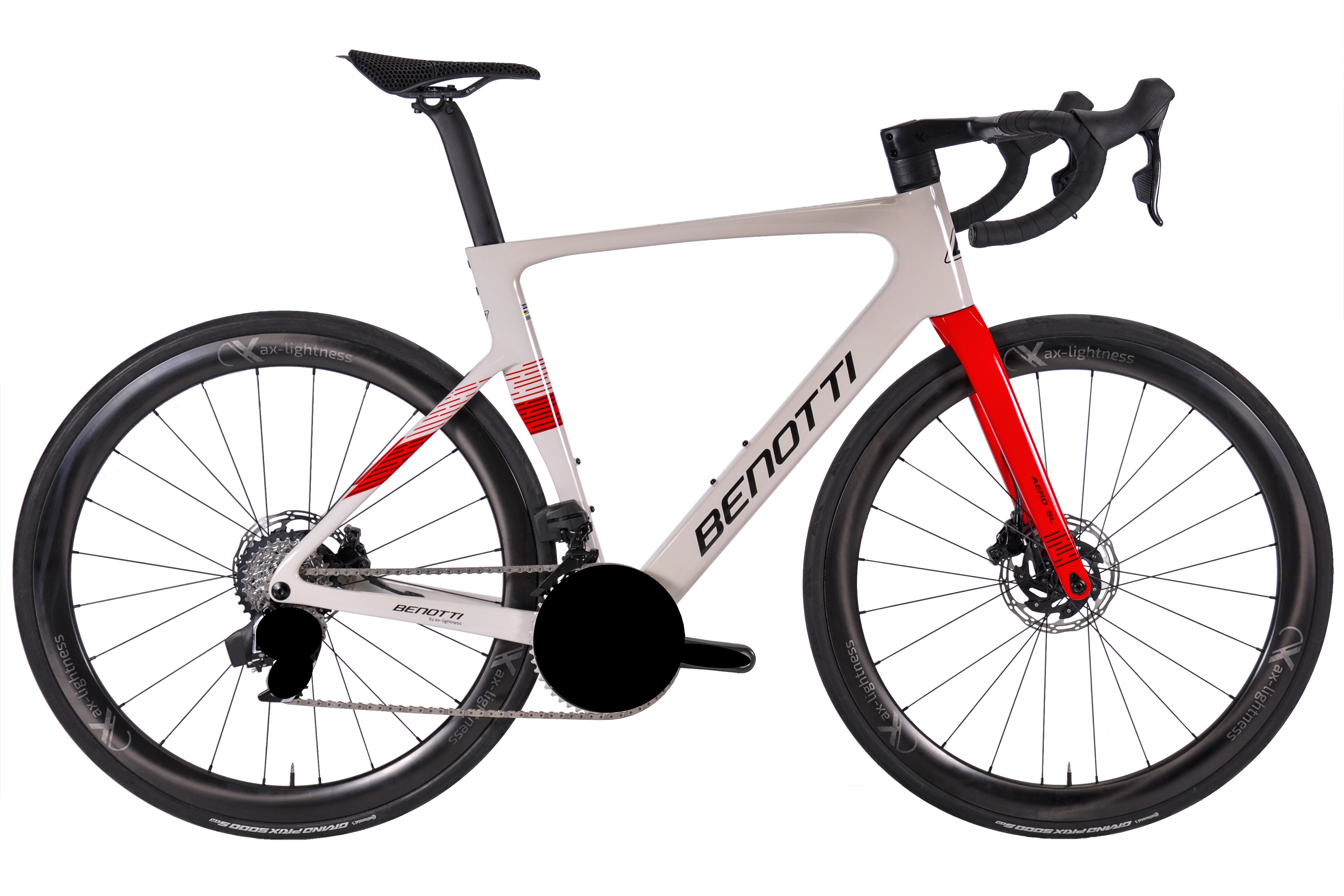Komplettansicht des AERO SL SRAM Force AXS Offwhite Red mit ax-lightness SELECTION 45C-Laufrädern mit geschwärzter Kurbel